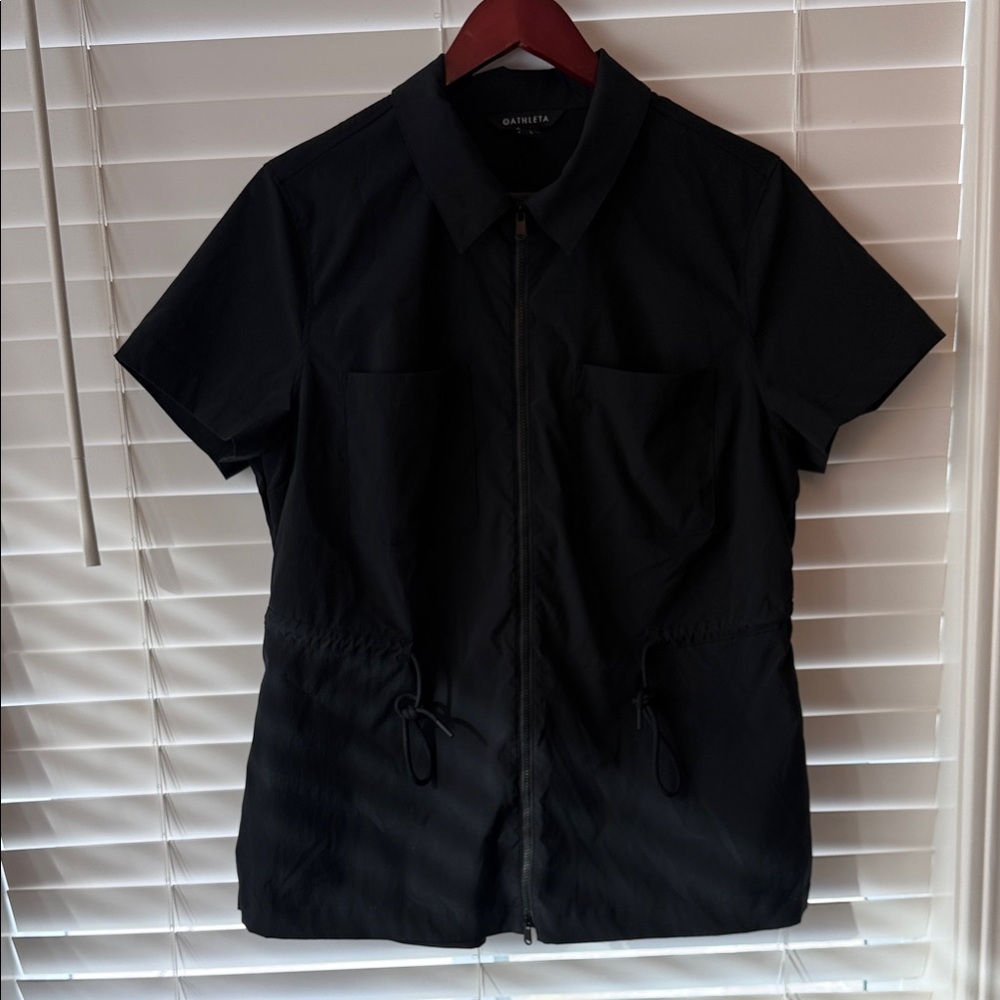 Athleta Advantage Cinch Black Zip-Up Short Sleeve Top, size L, color black